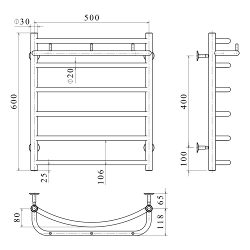 Електрична рушникосушарка Deffi Класік N П6 500x600 Е праве підключення
