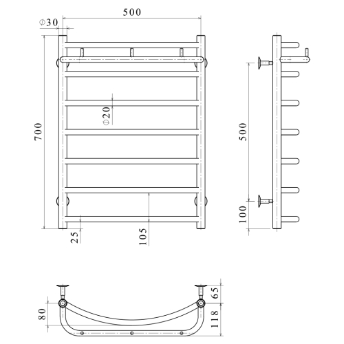Електрична рушникосушарка Deffi Класік N П7 500x700 Е праве підключення