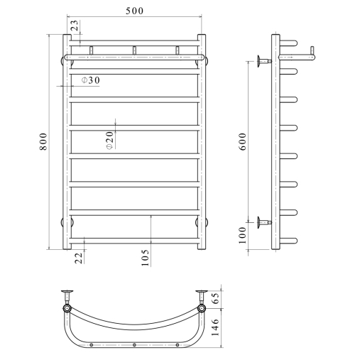 Електрична рушникосушарка Deffi Класік N П8 500x800 Е праве підключення