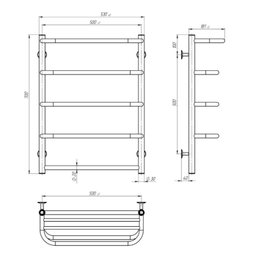 Електрична рушникосушарка Deffi Стандарт з полицею П5 500x700 Е праве підключення
