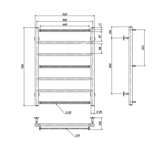 Електрична рушникосушарка Deffi Драбинка П7 500x700 Е праве підключення