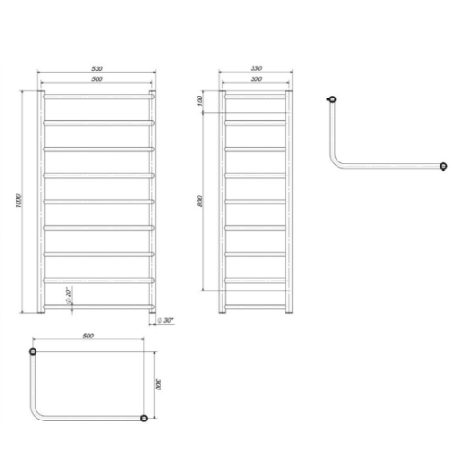 Електрична рушникосушарка Deffi Модерн зовнішній П9 300х500x1000 Е праве підключення