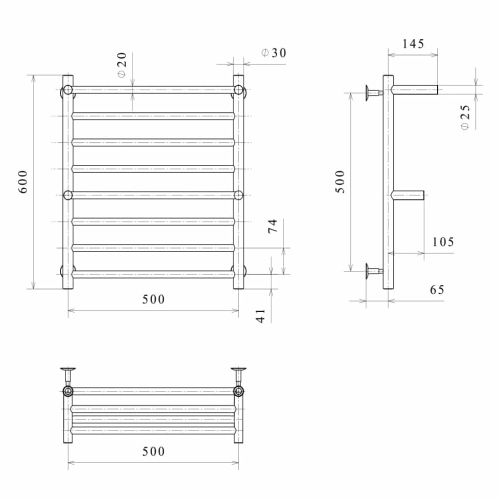 Електрична рушникосушарка Deffi Терма Плюс П8 500x600 Е праве підключення