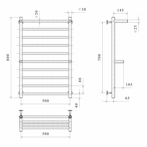 Електрична рушникосушарка Deffi Терма Плюс П10 500x800 Е праве підключення