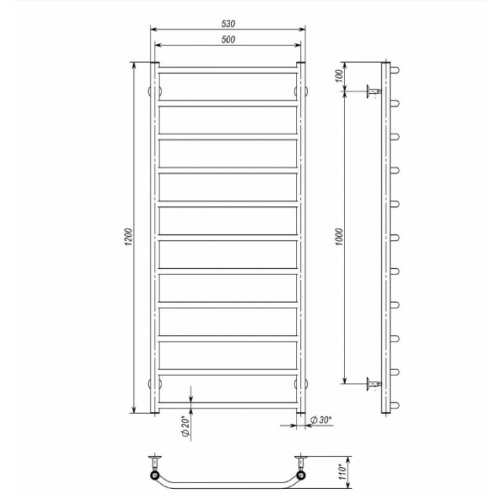 Водяна рушникосушарка Deffi Трапеція П11 500x1200 В нижнє підключення