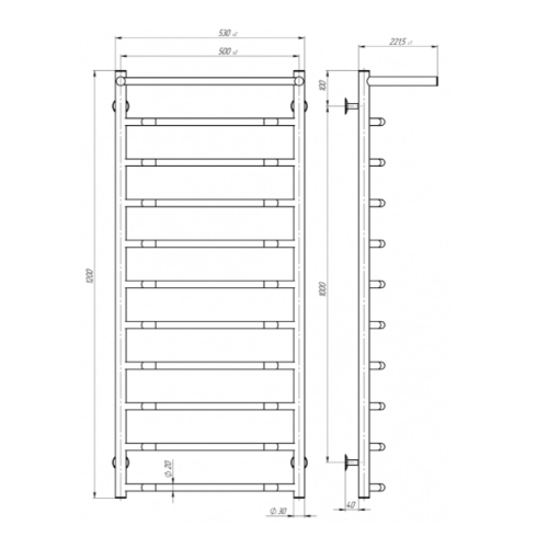 Електрична рушникосушарка Deffi Трапеція з полицею П11 500x1200 Е праве підключення