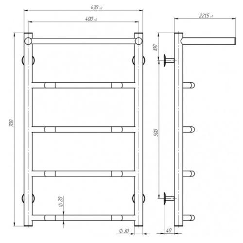 Водяна рушникосушарка Deffi Трапеція з полицею П5 400x700 В нижнє підключення