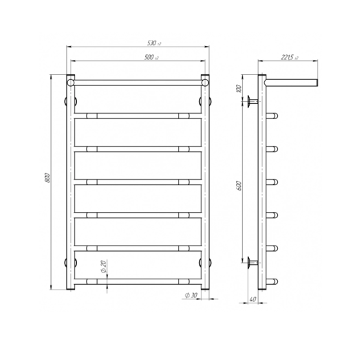 Електрична рушникосушарка Deffi Трапеція з полицею П7 500x800 Е праве підключення