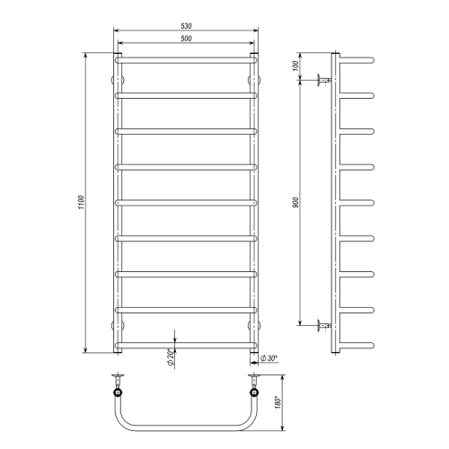 Водяной полотенцесушитель Deffi Стандарт П9 500x1100 В нижнее подключение