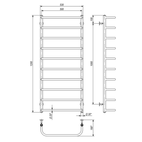 Водяна рушникосушарка Deffi Стандарт П10 500x1200 В бічне підключення