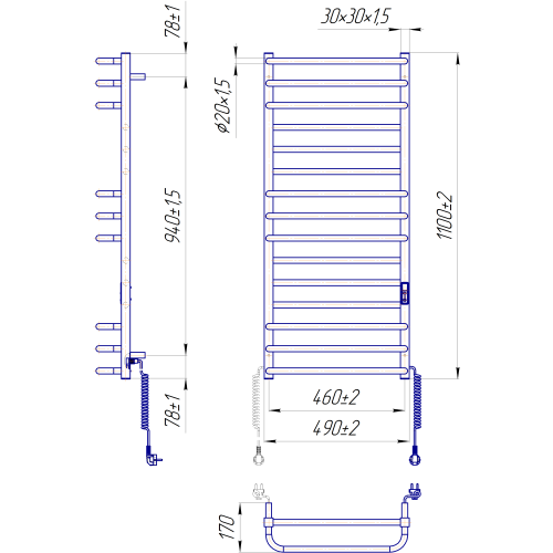 Електрична сушка для рушників Mario Преміум Люкс-I 1100х500/170 TR K