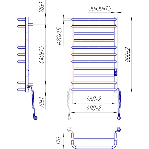 Електрична сушка для рушників Mario Преміум Люкс-I 800х500/170 TR K