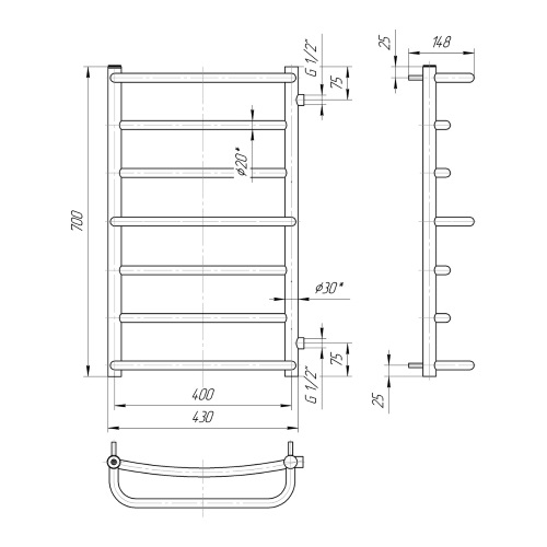 Водяна сушка для рушників Mario Практик Люкс Б/П 1/2" 700х450/600 	