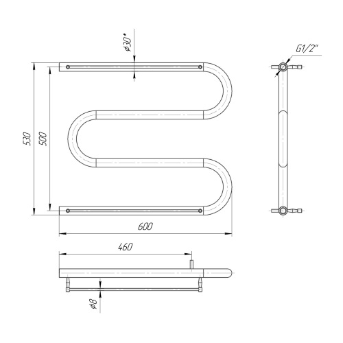 Водяна сушка для рушників Mario Класика Змійка 30 530х600/500 з полицею