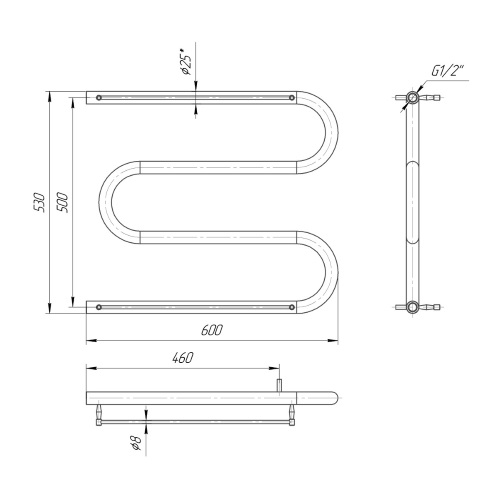 Водяна сушка для рушників Mario Класика Змійка 25 525х600/500 з полицею