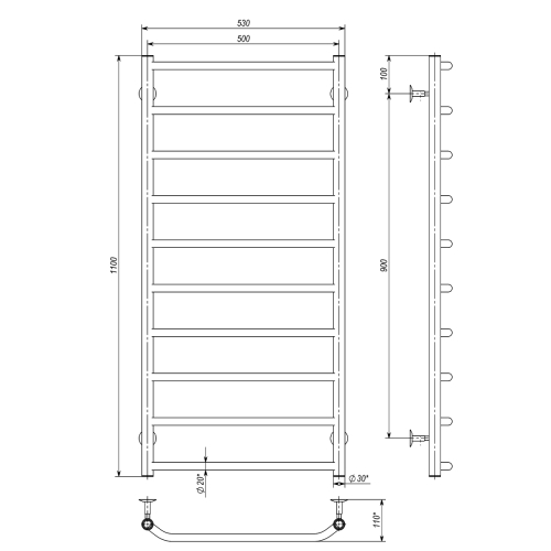 Водяна рушникосушарка Deffi Трапеція П10 500x1100 В бічне підключення