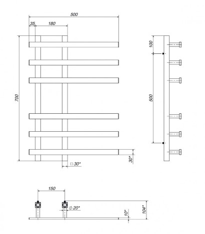 Водяна сушка для рушників Deffi Atena П6 black знизу креслення