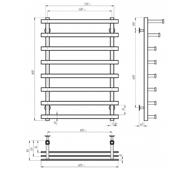 Електрична сушка для рушників Deffi Breeze П8 500x800 BZ 80.50.8 ER B креслення