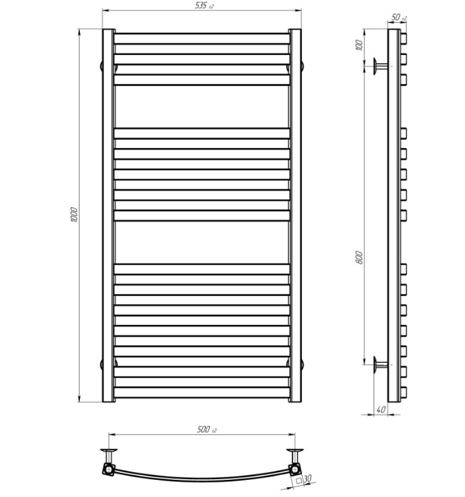 Водяна сушка для рушників Deffi Dexter DR 100.50.15 У знизу чорний креслення
