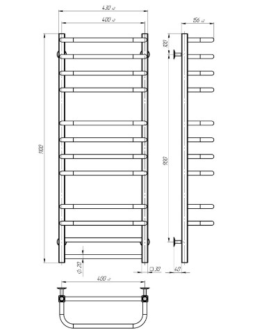 Водяна сушка для рушників Deffi Lux LS 110.40.12 знизу креслення