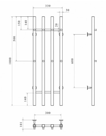 Водяна рушникосушарка Deffi Split П4 збоку SP 100.30.4 ВР  креслення