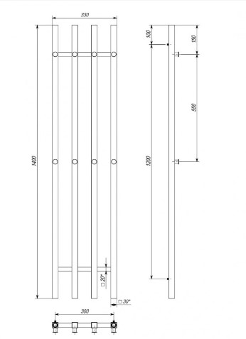 Водяна сушка для рушників Deffi Split П4 SP 140.30.4 знизу креслення