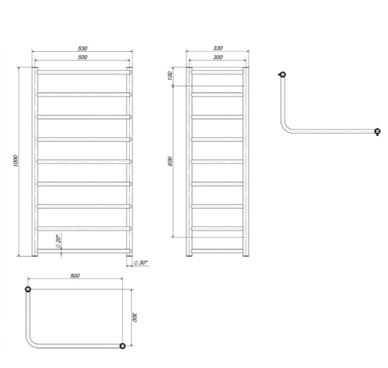 Электрический полотенцесушитель Deffi Модерн внешний П9 справа Mn 100.50х30.9 ER чертеж