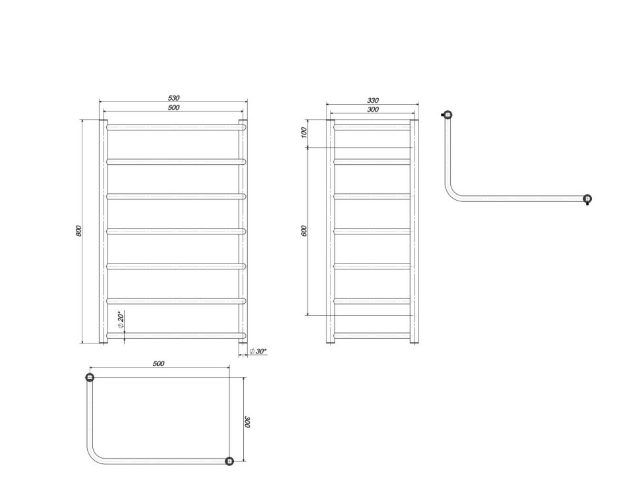 Электрический полотенцесушитель Deffi Модерн внешний П7 слева Mn 80.50х30.7 EL чертеж