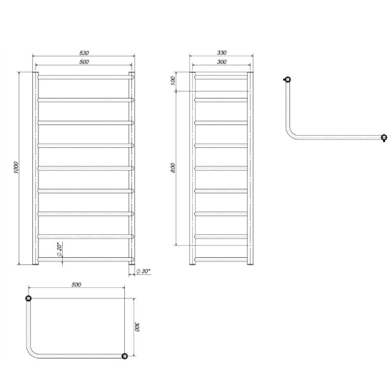 Электрический полотенцесушитель Deffi Модерн внутренний П9 слева Mv 100.50х30.9 EL чертеж