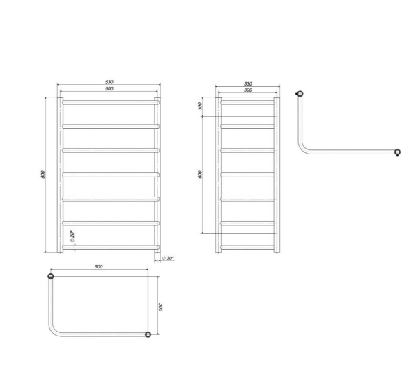 Електрична рушнкиосушарка Deffi Модерн внутрішній П7 Mv 80.50х30.7 EL зліва креслення