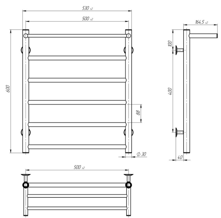 Електрична сушка для рушників Deffi Терма П6 праворуч Ті 60.50.6 ER креслення