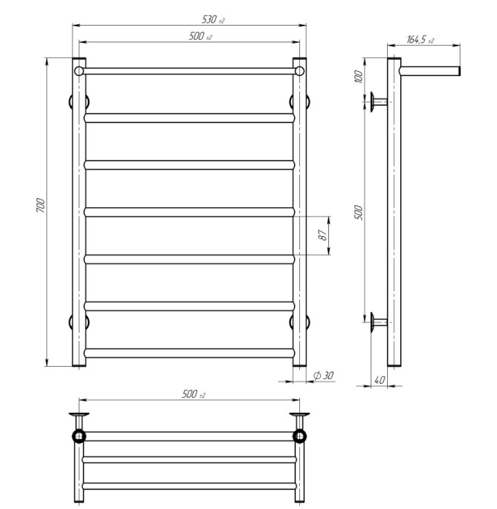 Електрична сушка для рушників Deffi Терма Ті 70.50.8 EL зліва креслення