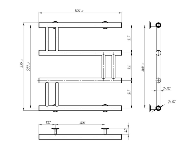 Електрична рушникосушка Deffi Змійка Люкс праворуч ZL 50.50 ER креслення