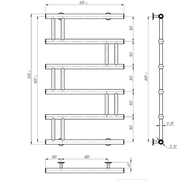Електрична сушка для рушників Deffi Змійка Люкс ZL 80.50 EL зліва креслення