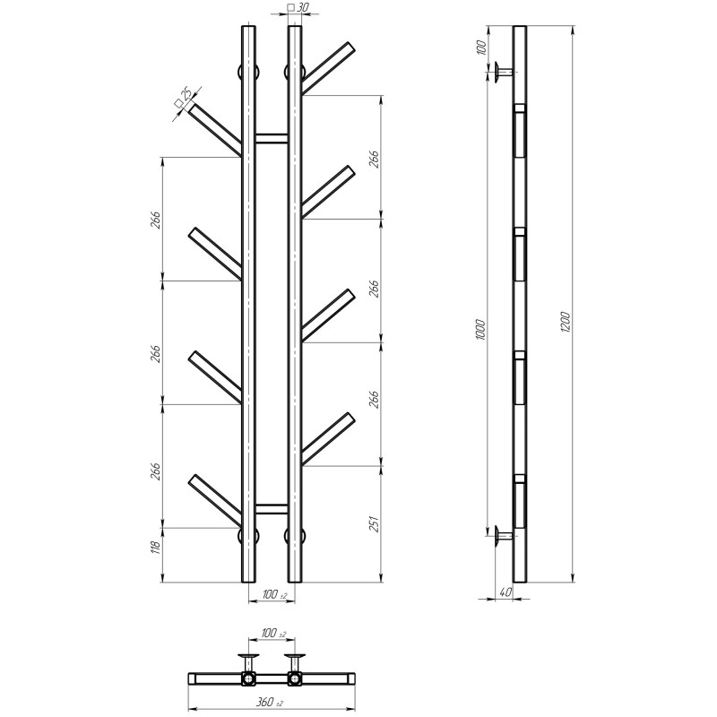 Електрична сушка для рушників Sakura П8 зліва A.SR.120.10.8.E.B.L чорний креслення