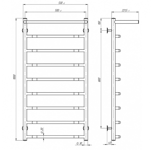 Електрична сушарка для рушників Deffi Трапеція з полицею П9 TzP 100.50.9 ER креслення