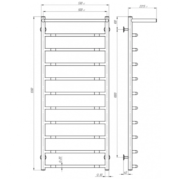 Електрична рушникосушарка Deffi Трапеція з полицею П11 TzP 120.50.11 EL креслення