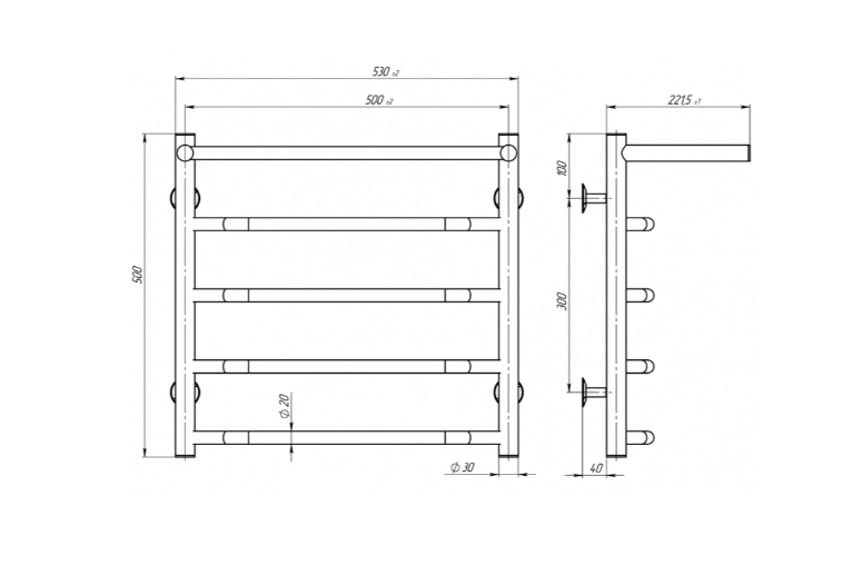 Электрический полотенцесушитель Deffi Трапеция с полкой TzP 50.50.5 ER чертеж