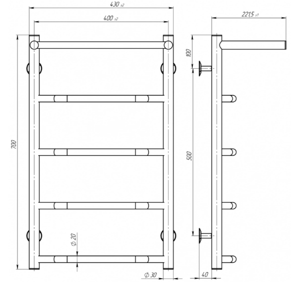 Електрична рушникосушарка Deffi Трапеція з полицею TzP 70.40.5 EL креслення