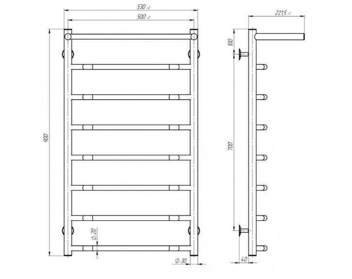 Електрична рушникосушарка Deffi Трапеція з полицею TzP 90.50.8 ER креслення