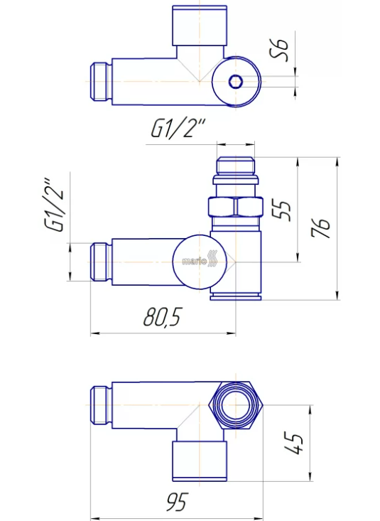 Кран кутовий Mario під ТЕН 4.0.0500.55.P креслення