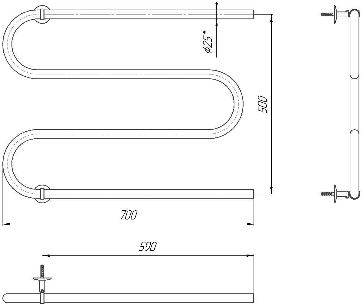 Водяна рушникосушарка Mario Класика Змійка 1.1.2511.04.P чертеж;
