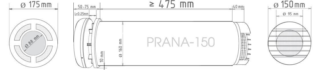 
Монтажні розміри рекуператора Prana 150 Eco Energy