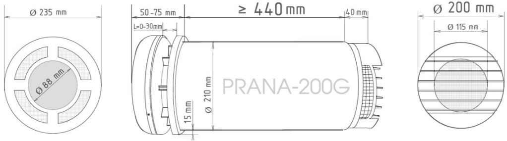 Монтажні розміри рекуператора Prana 200 G STANDART