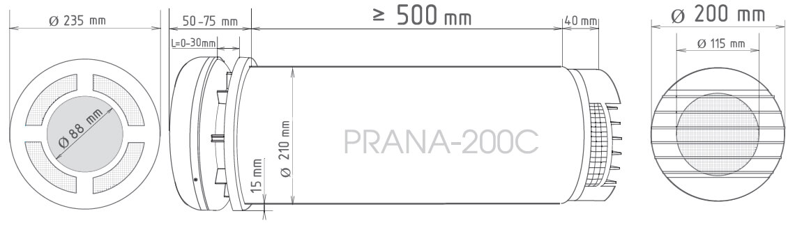Монтажні розміри рекуператора Prana 200C STANDART